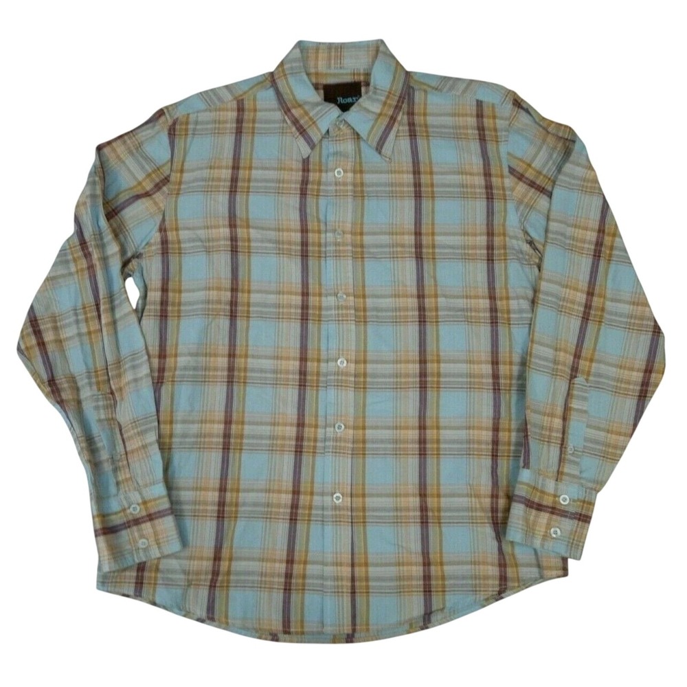 ROAR Button Up‎ Shirt Mens Large Plaid Long Sleeve Casual Blue Tan Cotton